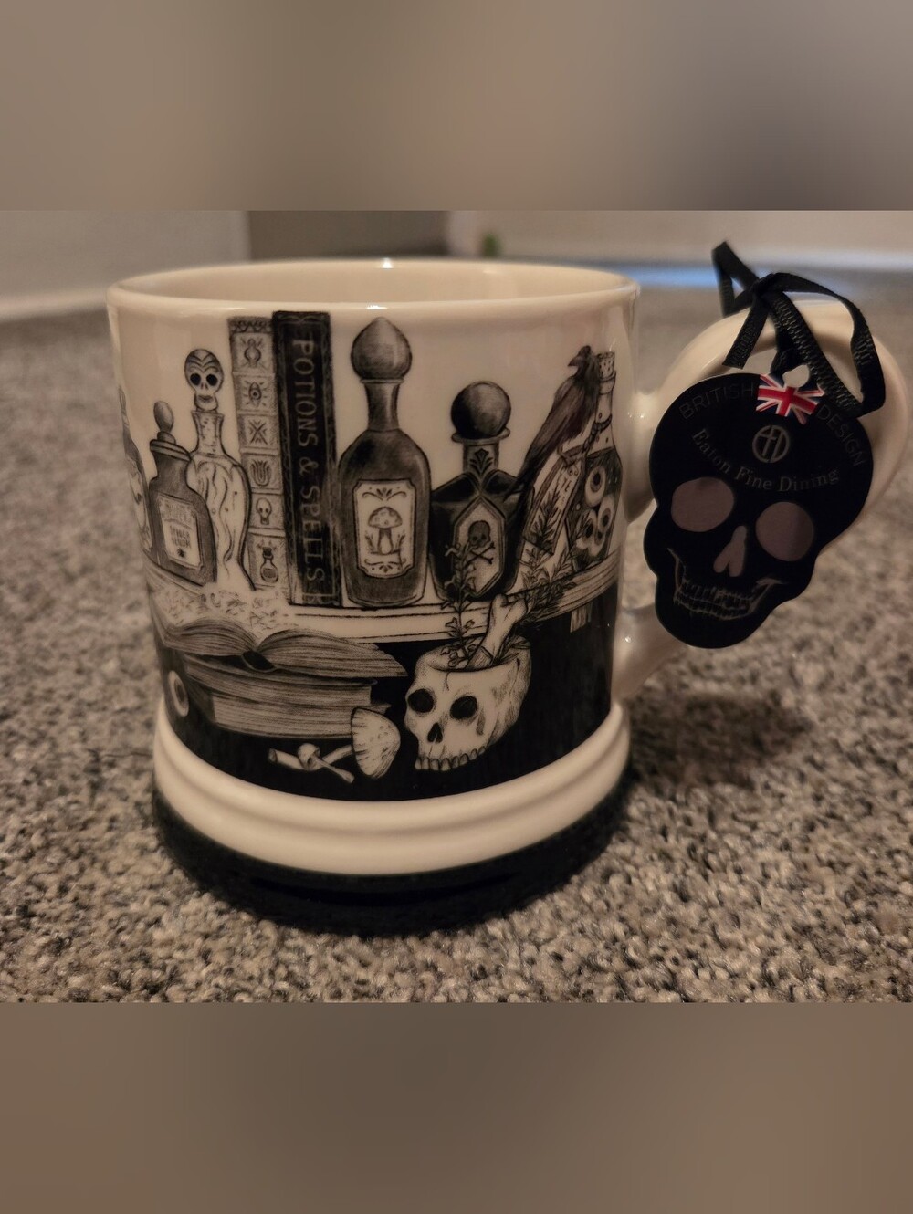Potion & Skulls Ceramic Mug Black & White Spooky Halloween